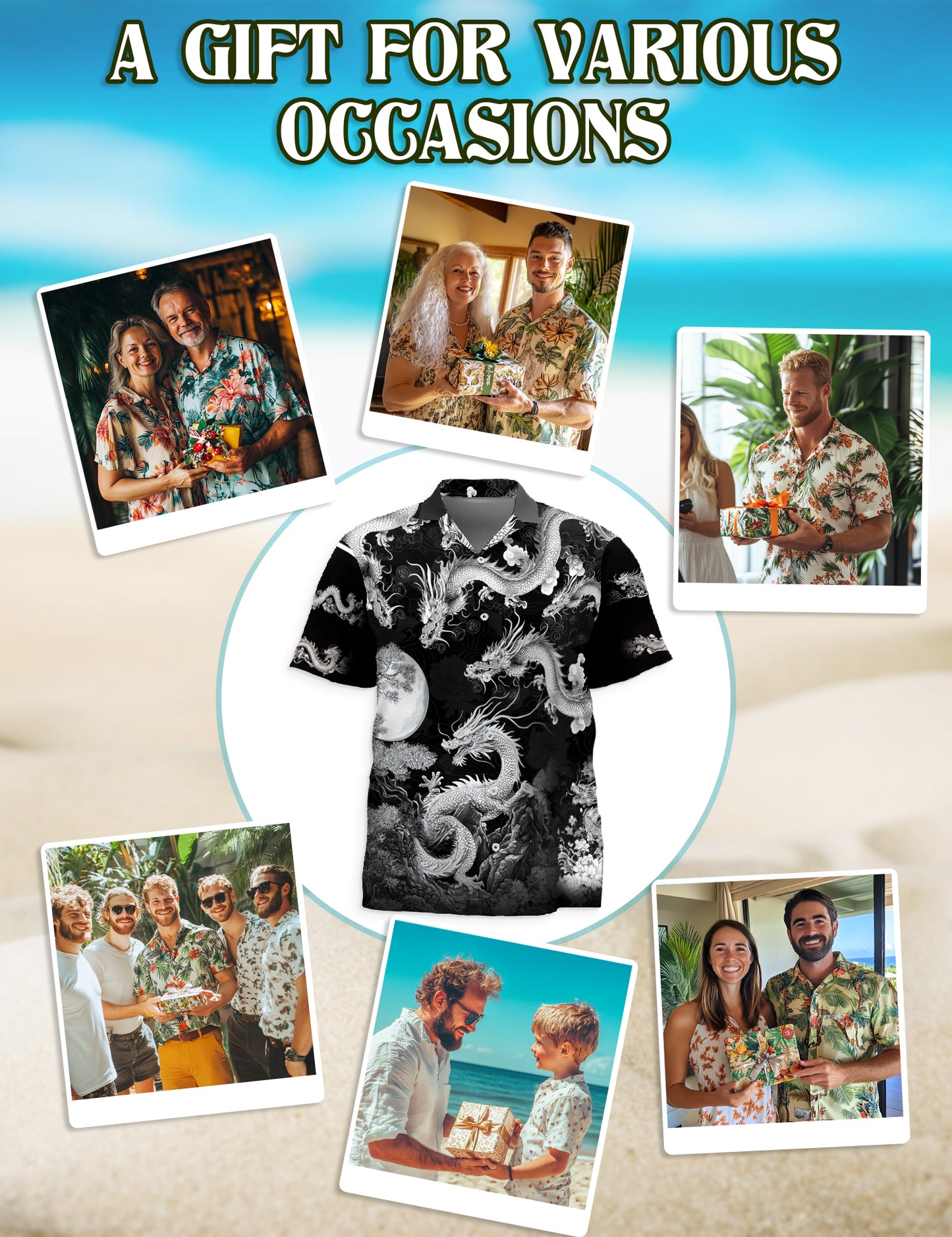 Netecom Japanese Dragon Black Hawaiian Shirt for Men, Traditional Japanese Art Button Down Summer Beach Short Sleeve, S-5XL