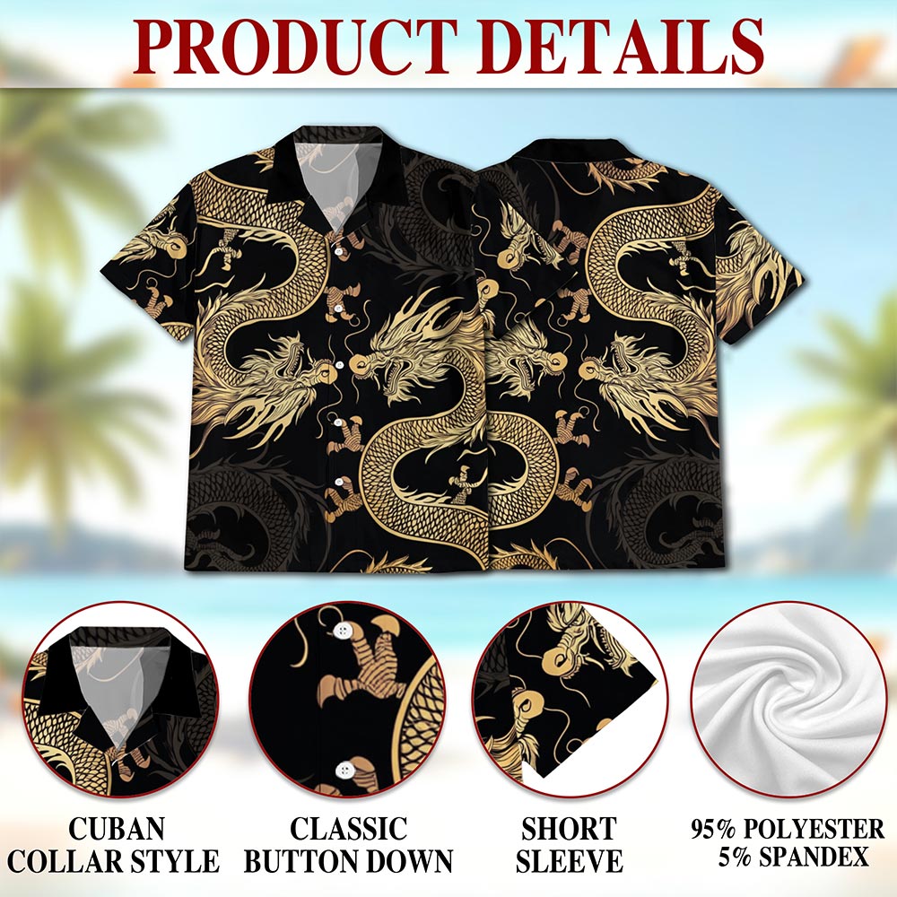 Netecom Japanese Dragon Hawaiian Shirt for Men, Button Down Summer Beach Short Sleeve, S-5XL
