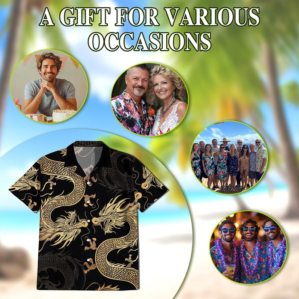 Netecom Japanese Dragon Hawaiian Shirt for Men, Button Down Summer Beach Short Sleeve, S-5XL