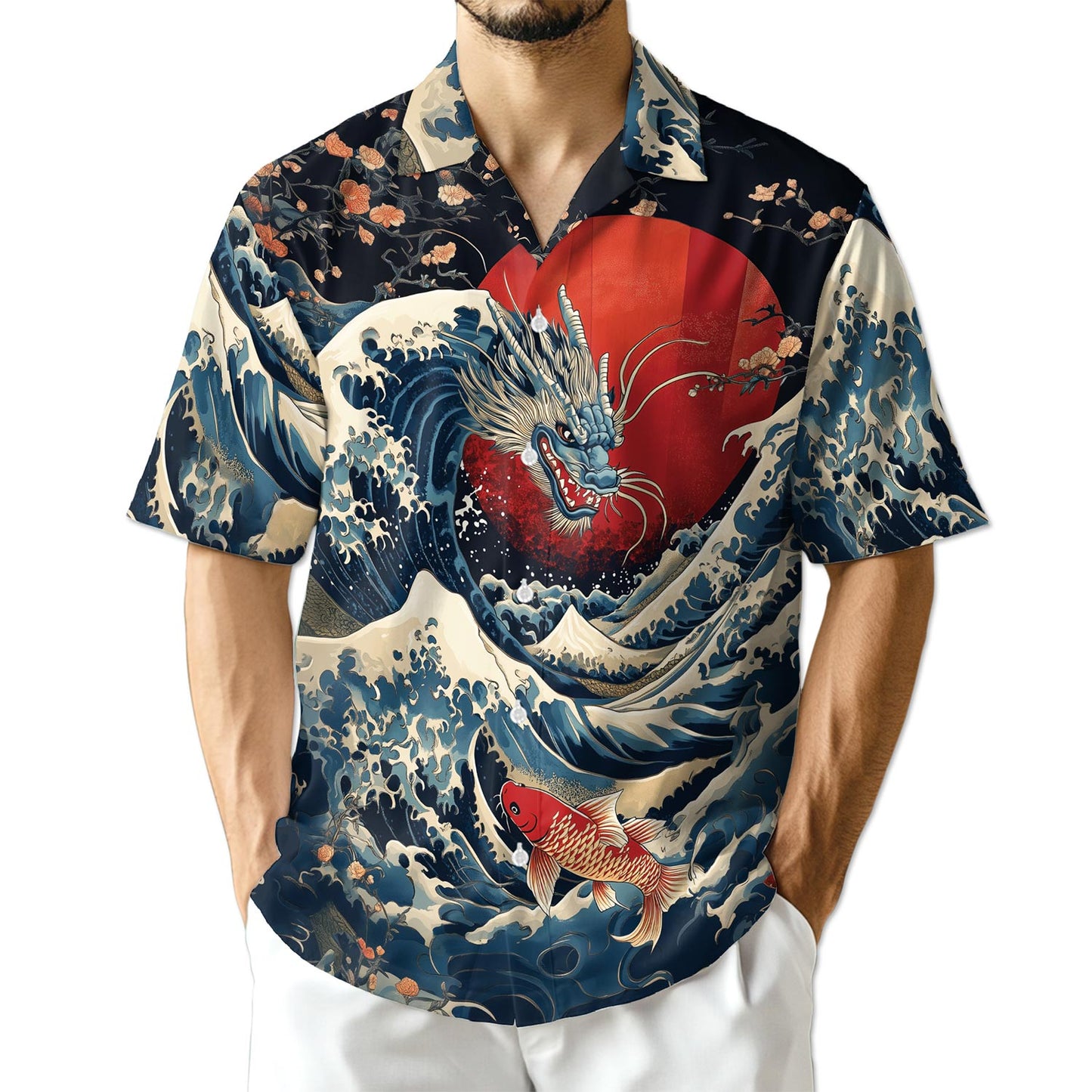 Netecom Japanese Dragon Koi Fish Hawaiian Shirt for Men