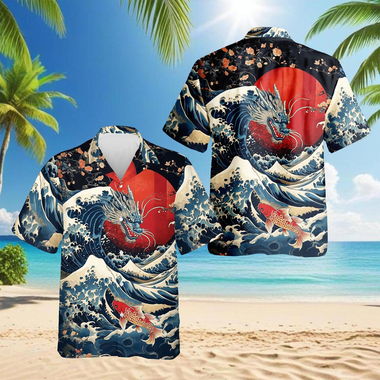 Netecom Japanese Dragon Koi Fish Hawaiian Shirt for Men, Button Down Summer Beach Short Sleeve, Sizes S-5XL