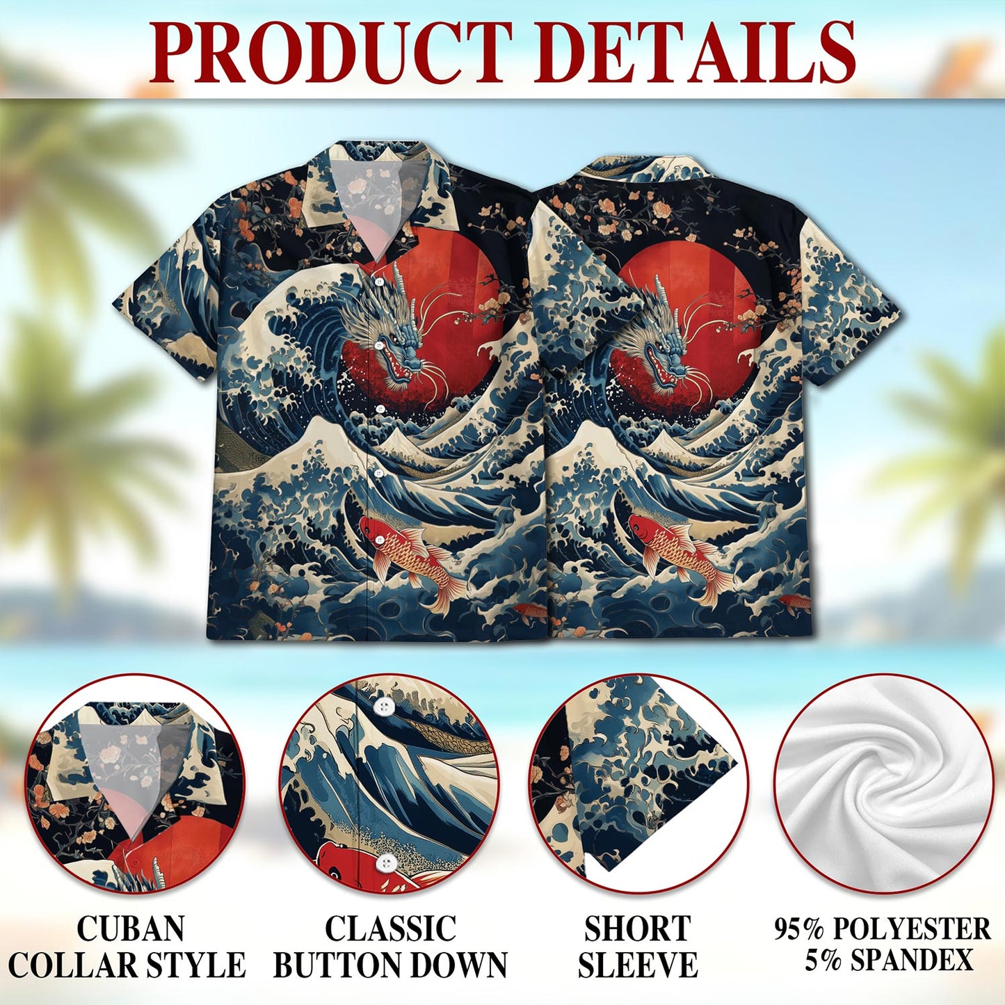 Netecom Japanese Dragon Koi Fish Hawaiian Shirt for Men, Button Down Summer Beach Short Sleeve, Sizes S-5XL