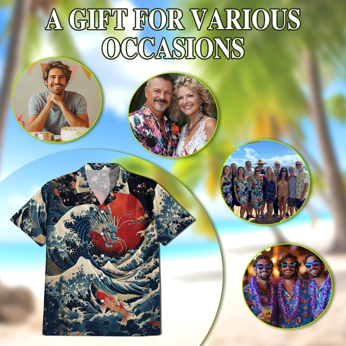 Netecom Japanese Dragon Koi Fish Hawaiian Shirt for Men, Button Down Summer Beach Short Sleeve, Sizes S-5XL