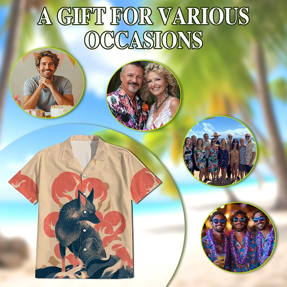 Netecom Japanese Fox Hawaiian Shirt for Men, Retro Style, Button Down Summer Beach Short Sleeve, S-5XL