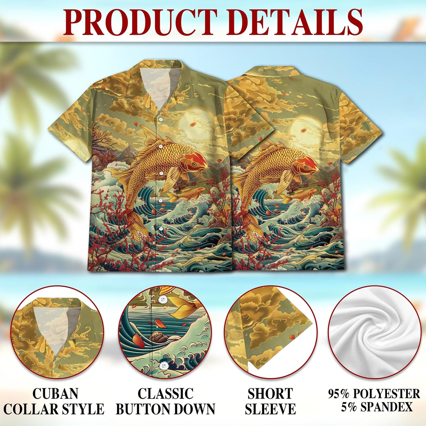 Netecom Japanese Koi Fish Hawaiian Shirt for Men, Button Down Summer Beach Short Sleeve, Sizes S-5XL