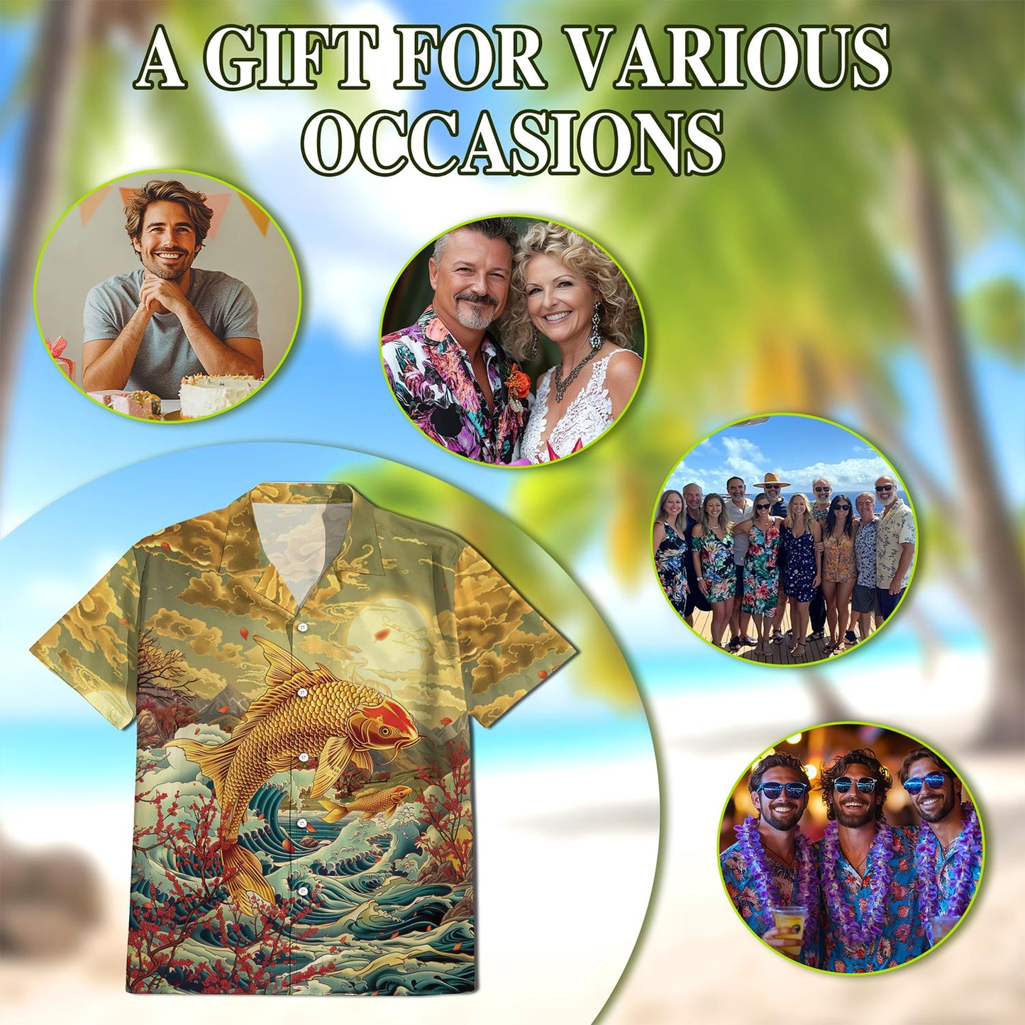 Netecom Japanese Koi Fish Hawaiian Shirt for Men, Button Down Summer Beach Short Sleeve, Sizes S-5XL