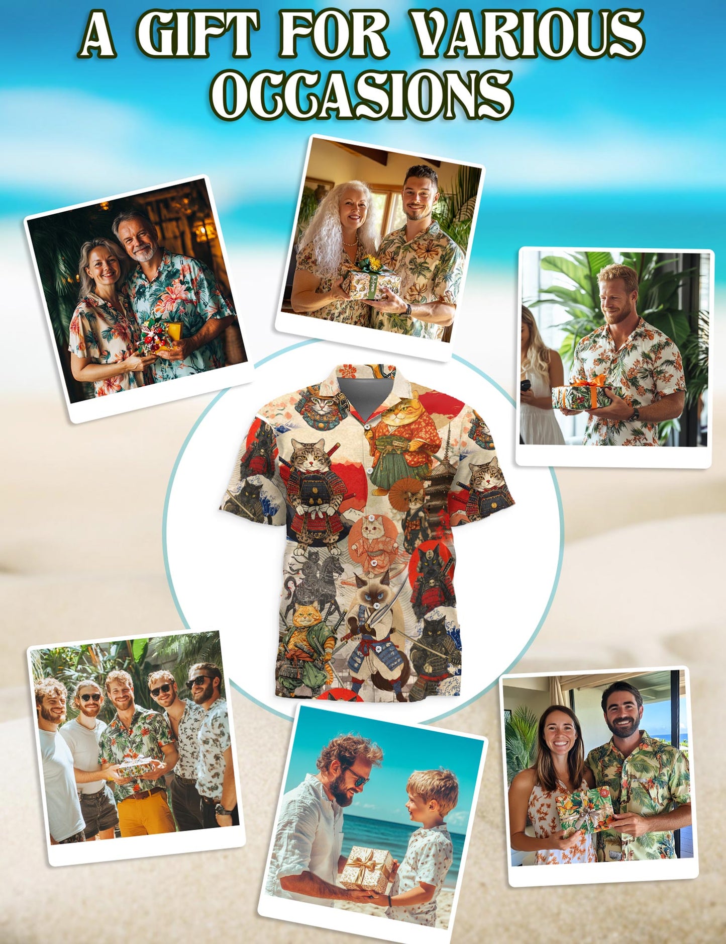 Netecom Japanese Samurai Cat Hawaiian Shirt for Men, Button Down Summer Beach Short Sleeve, S-5XL