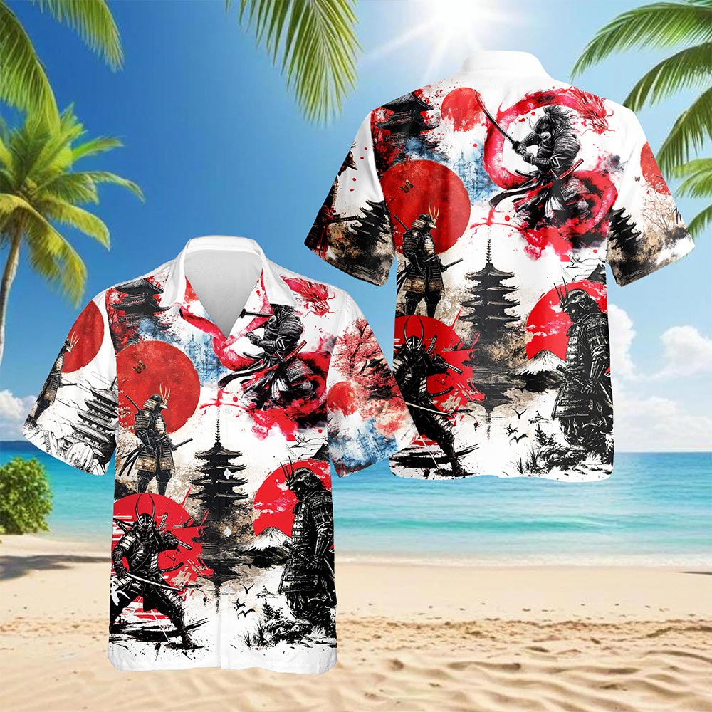 Netecom Japanese Samurai Hawaiian Shirt for Men, Japanese Art Lover Gift, Button Down Summer Beach Short Sleeve, Sizes S-5XL