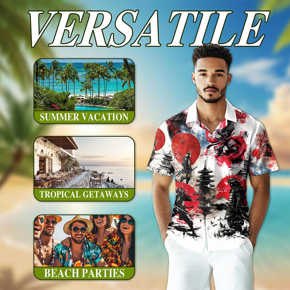 Netecom Japanese Samurai Hawaiian Shirt for Men, Japanese Art Lover Gift, Button Down Summer Beach Short Sleeve, Sizes S-5XL