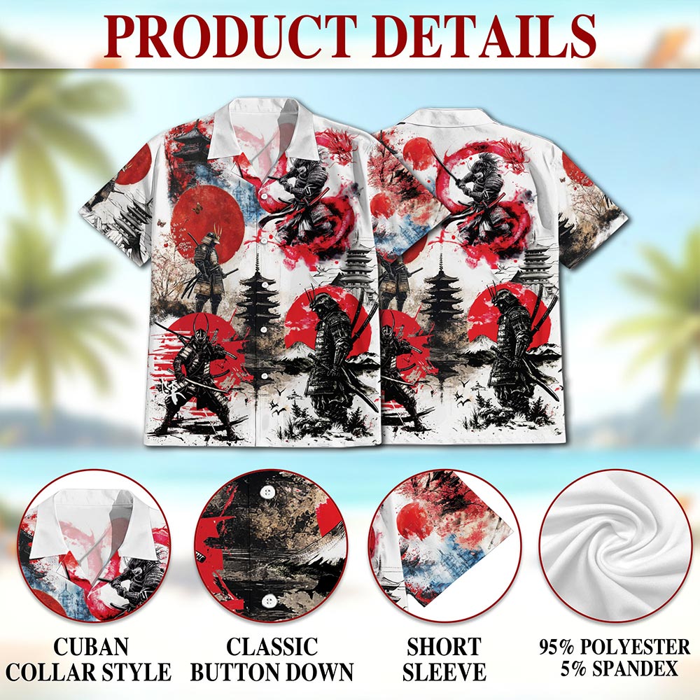 Netecom Japanese Samurai Hawaiian Shirt for Men, Japanese Art Lover Gift, Button Down Summer Beach Short Sleeve, Sizes S-5XL