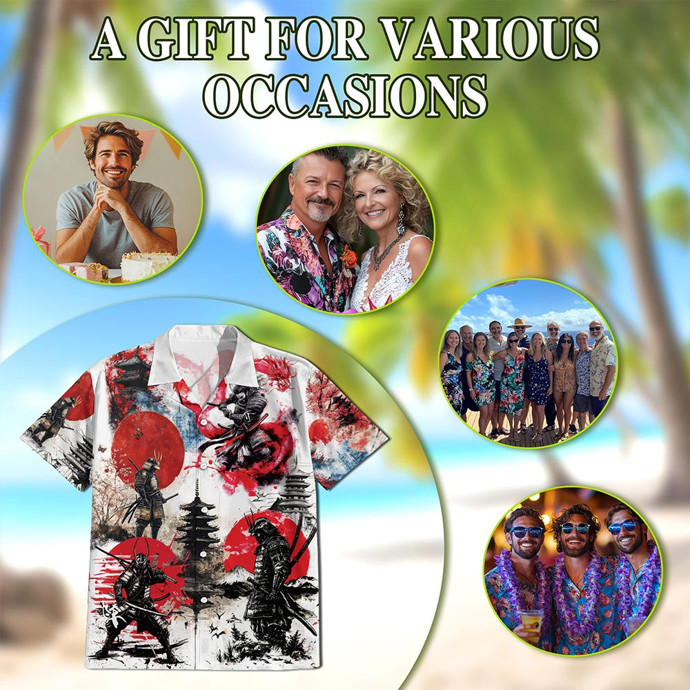 Netecom Japanese Samurai Hawaiian Shirt for Men, Japanese Art Lover Gift, Button Down Summer Beach Short Sleeve, Sizes S-5XL