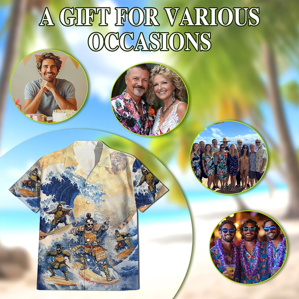 Netecom Japanese Samurai Surfing Hawaiian Shirt for Men, Funny Japanese Art Gift, Button Down Summer Beach Short Sleeve, S-5XL