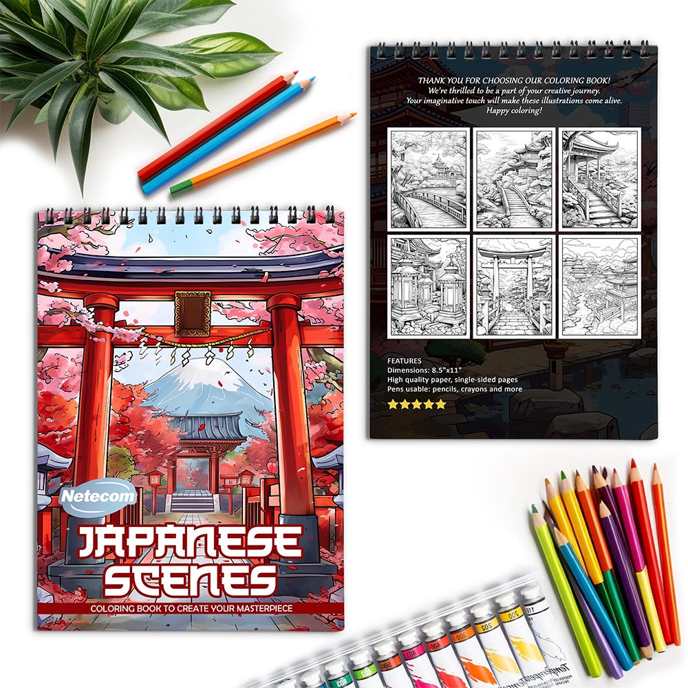 Netecom Japanese Scenes Spiral Coloring Book for Adults