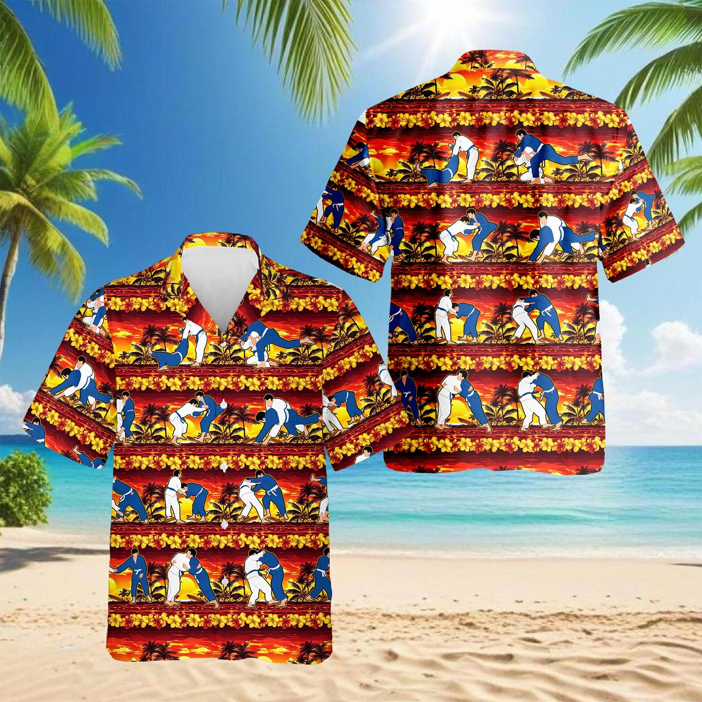 Netecom Judo Palm Hawaiian Shirt for Men, Tropical Style, Button Down Summer Beach Short Sleeve, S-5XL