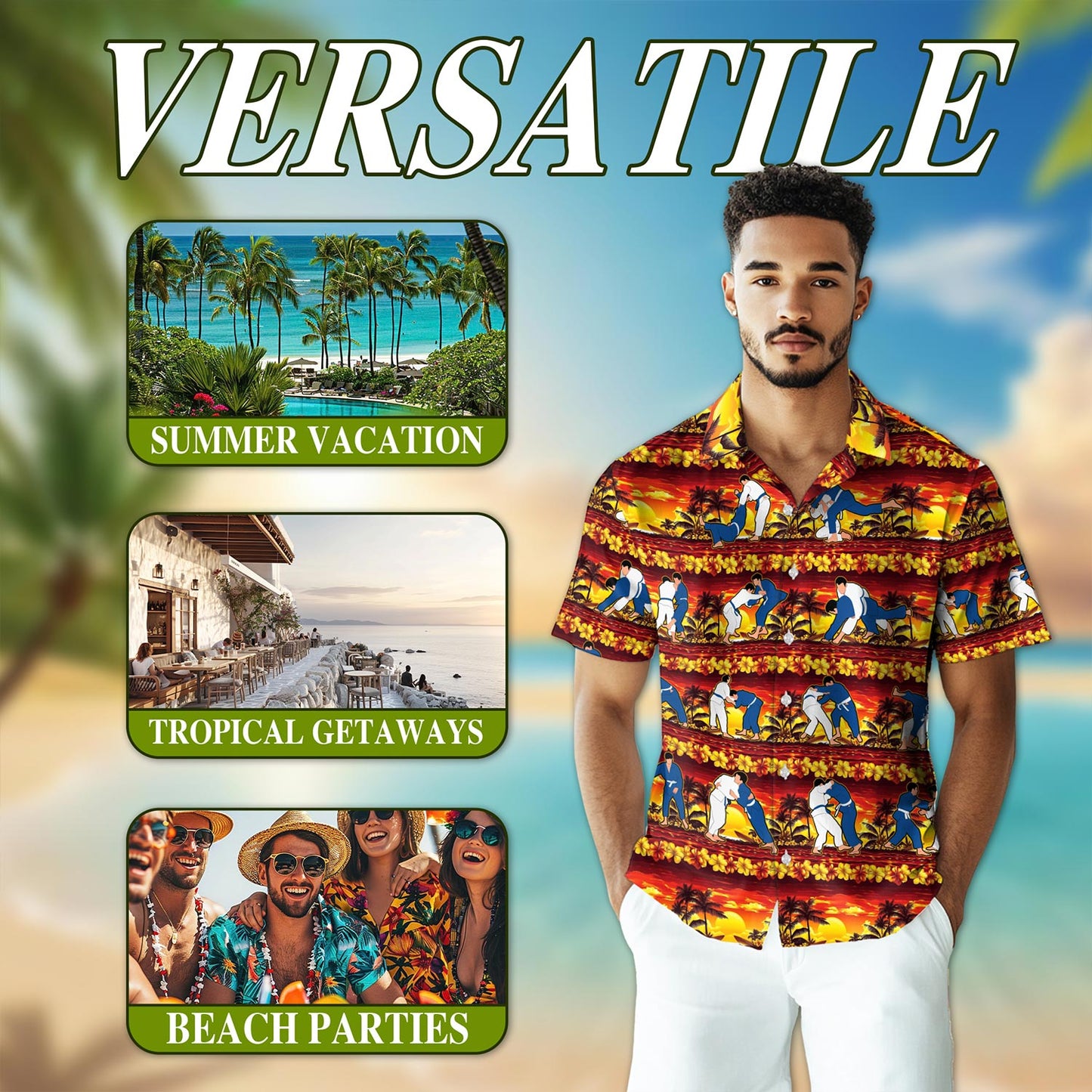 Netecom Judo Palm Hawaiian Shirt for Men, Tropical Style, Button Down Summer Beach Short Sleeve, S-5XL
