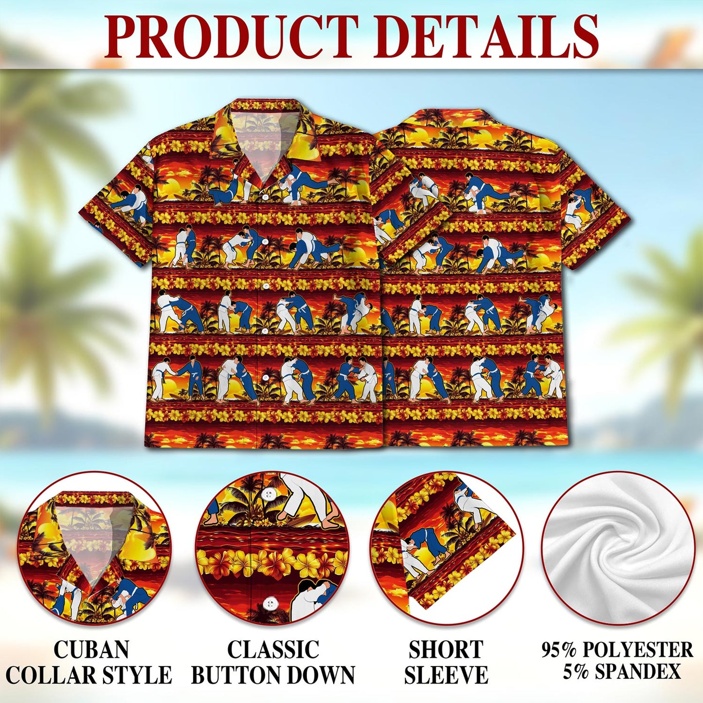 Netecom Judo Palm Hawaiian Shirt for Men, Tropical Style, Button Down Summer Beach Short Sleeve, S-5XL