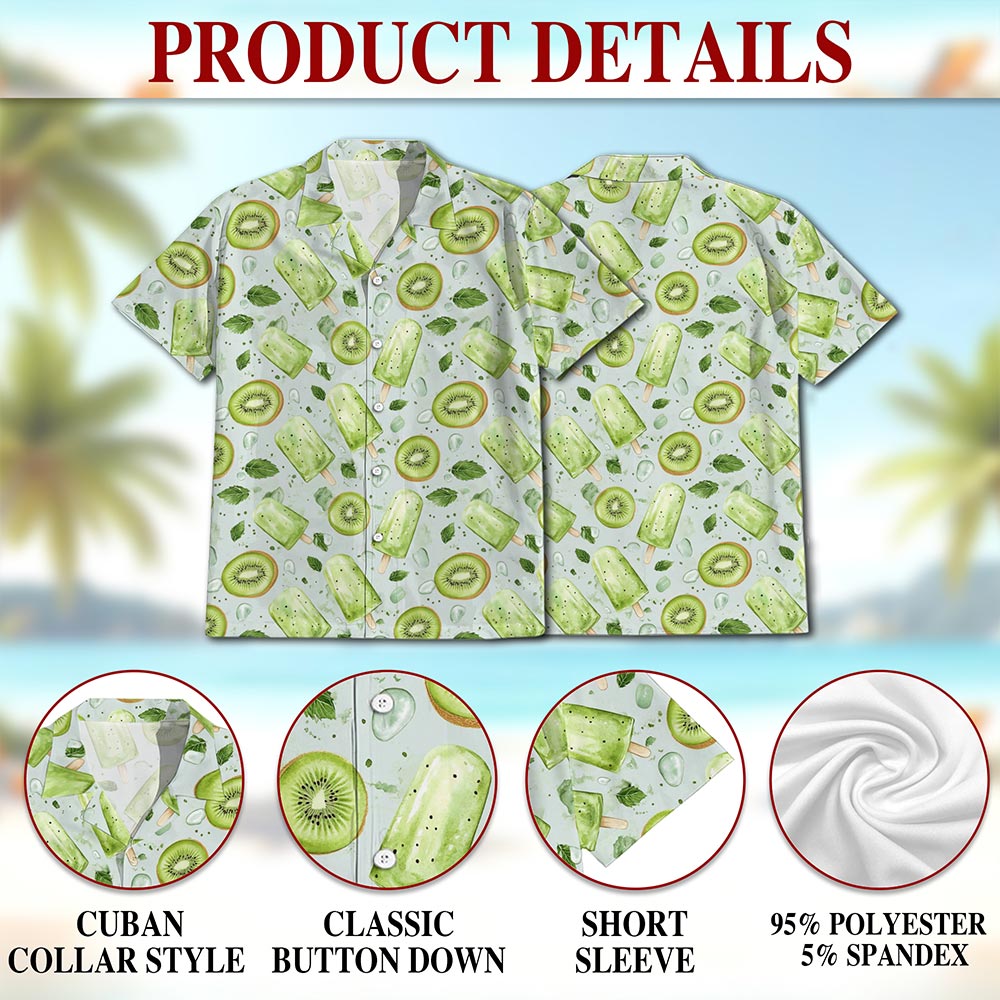 Netecom Kiwi Ice Cream Print Hawaiian Shirt for Men, Ice Cream Lover Gifts, Tropical Button Down Summer Beach Shirts, S-5XL