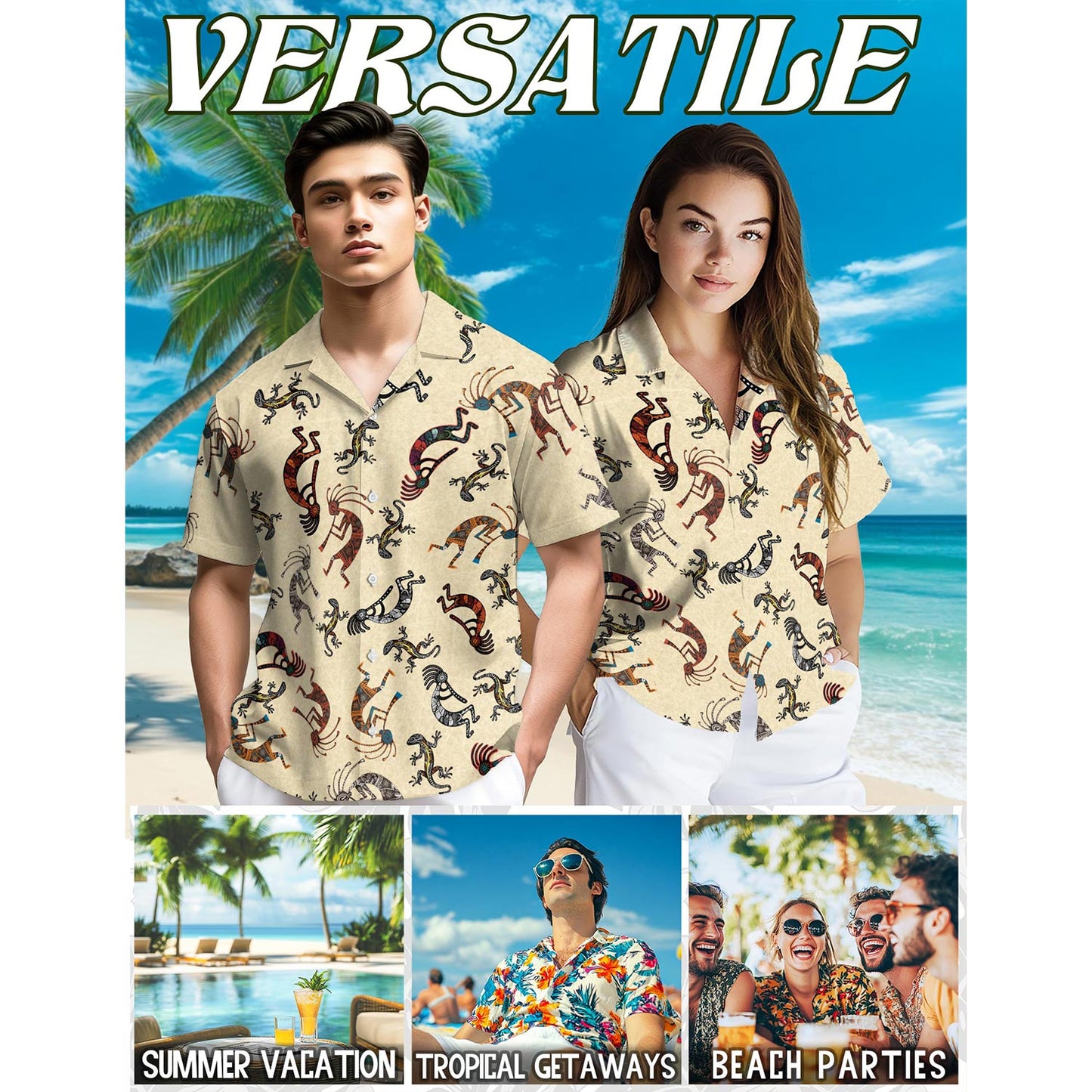 Netecom Kokopelli Hawaiian Shirt for Men, Button Down Summer Beach Short Sleeve, Vintage Style, Sizes S-5XL