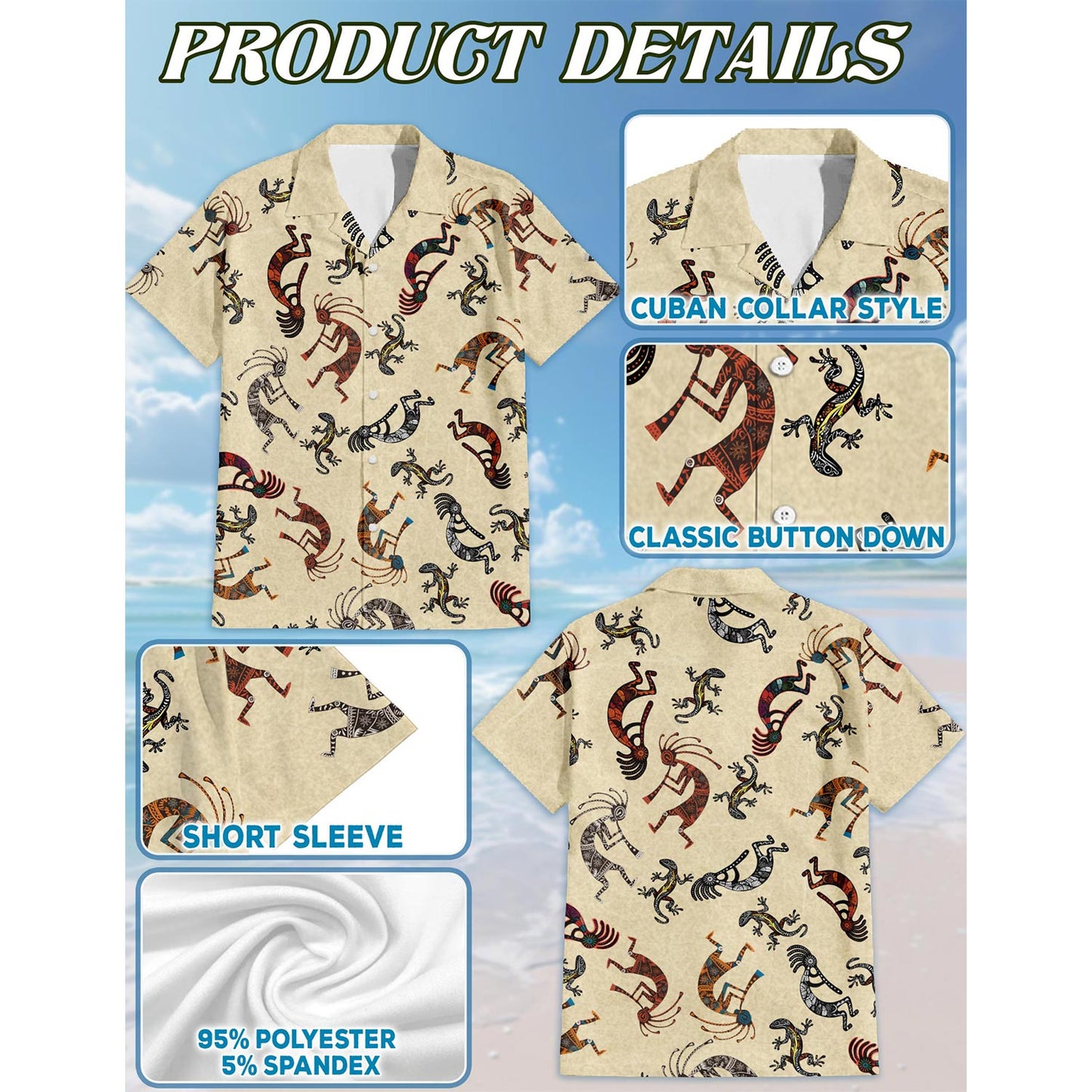 Netecom Kokopelli Hawaiian Shirt for Men, Button Down Summer Beach Short Sleeve, Vintage Style, Sizes S-5XL