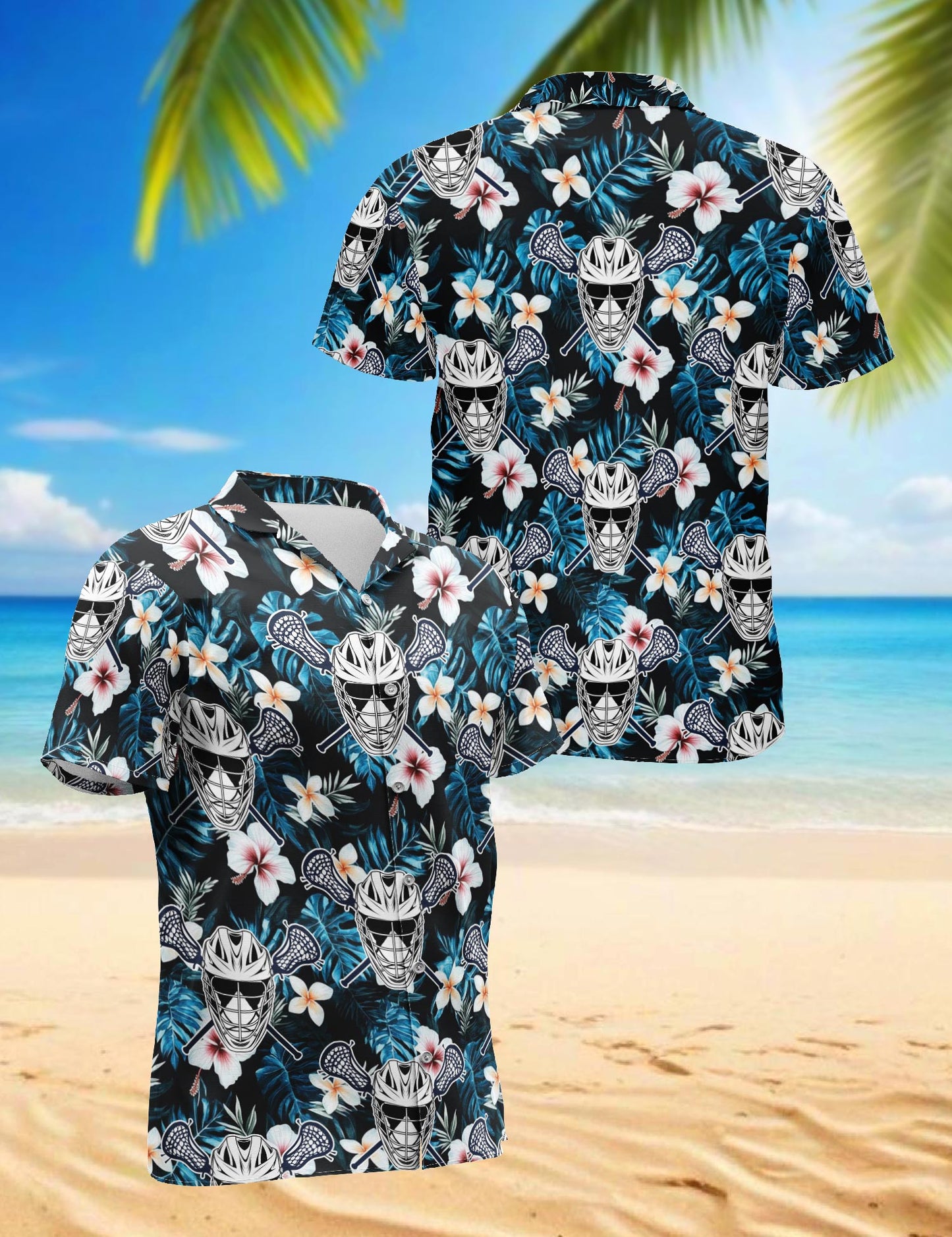Netecom Lacrosse Time Blue Tropical Hawaiian Shirt for Men, Sports Style, Button Down Summer Beach Short Sleeve, S-5XL