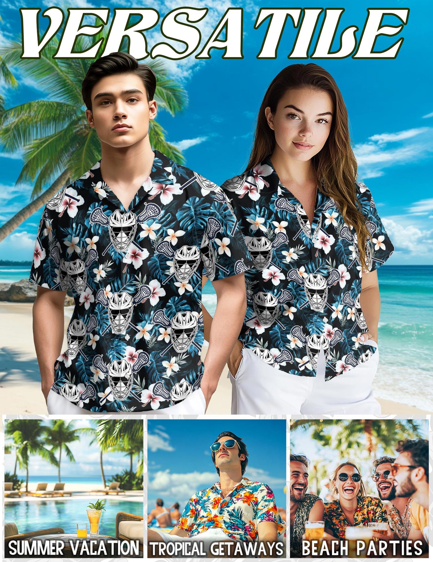 Netecom Lacrosse Time Blue Tropical Hawaiian Shirt for Men, Sports Style, Button Down Summer Beach Short Sleeve, S-5XL