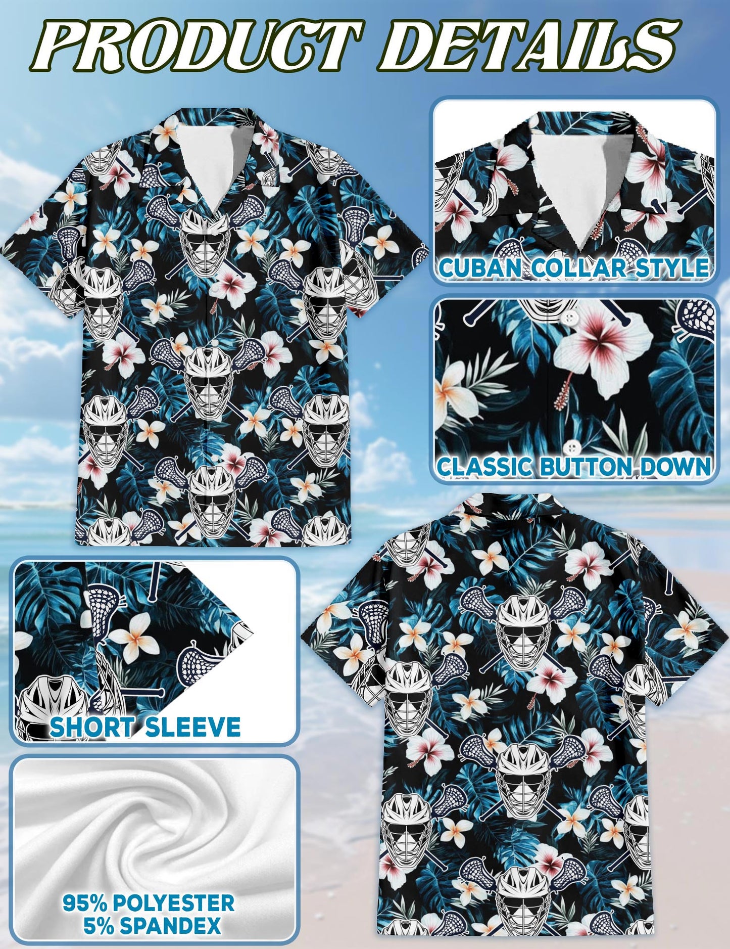 Netecom Lacrosse Time Blue Tropical Hawaiian Shirt for Men, Sports Style, Button Down Summer Beach Short Sleeve, S-5XL
