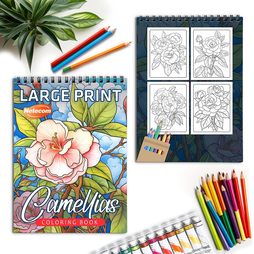 Netecom Large Print Camellias Spiral Coloring Book for Adults