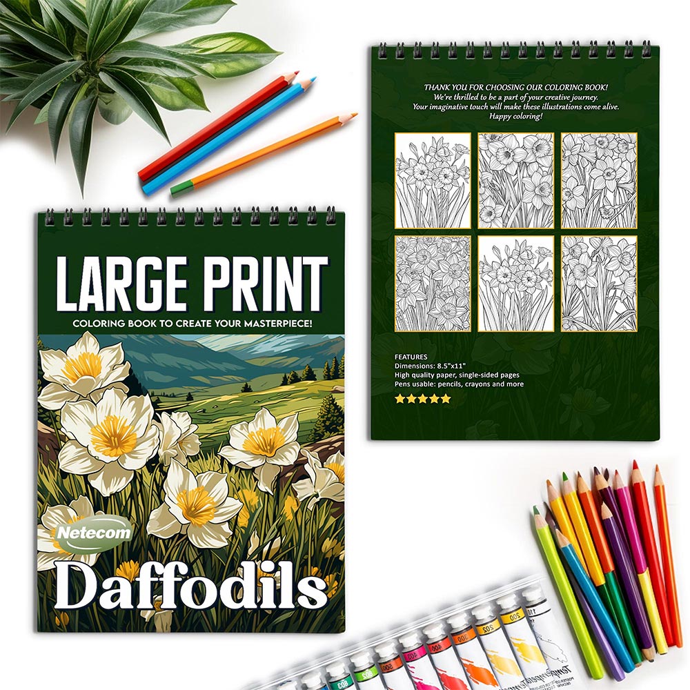 Netecom Large Print Daffodils Spiral Coloring Book for Adults
