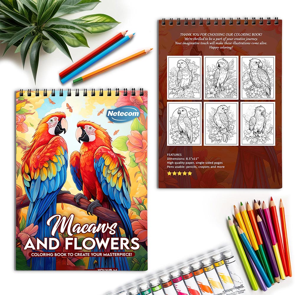 Netecom Large Print Macaws and Flowers Spiral Coloring Book for Adults
