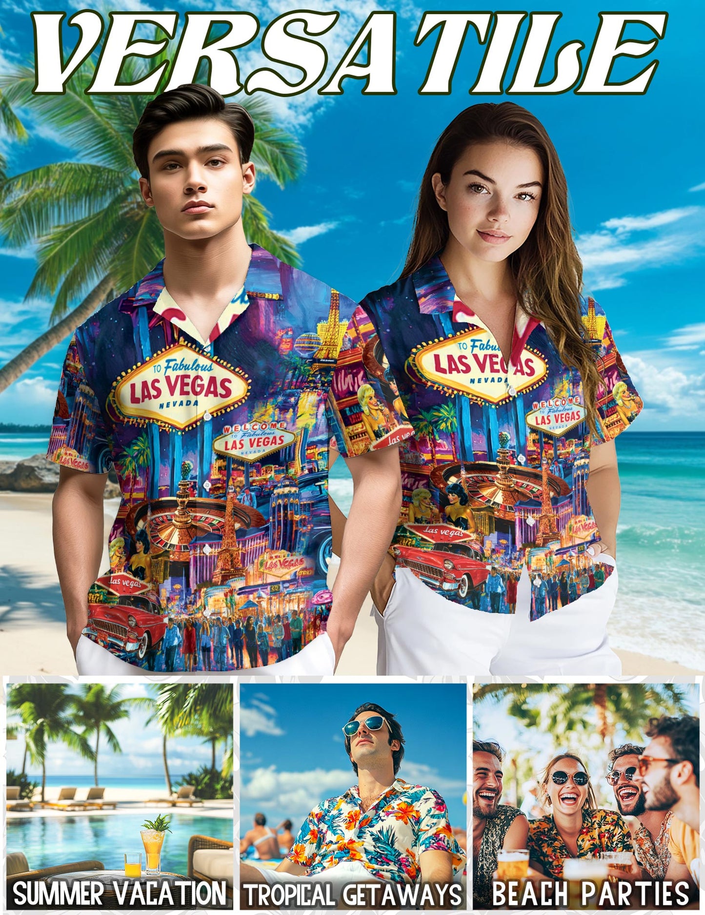 Netecom Las Vegas Hawaiian Shirt for Men, Neon Style, Button Down Summer Beach Short Sleeve, S-5XL