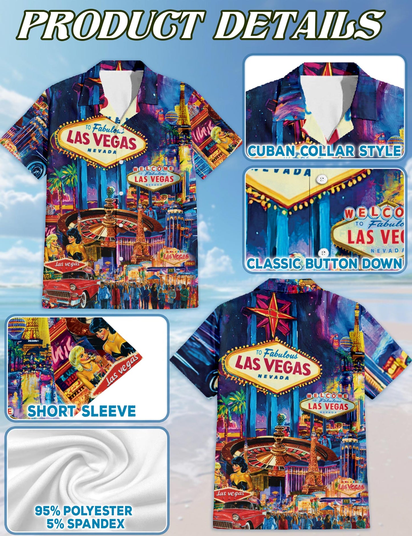 Netecom Las Vegas Hawaiian Shirt for Men, Neon Style, Button Down Summer Beach Short Sleeve, S-5XL