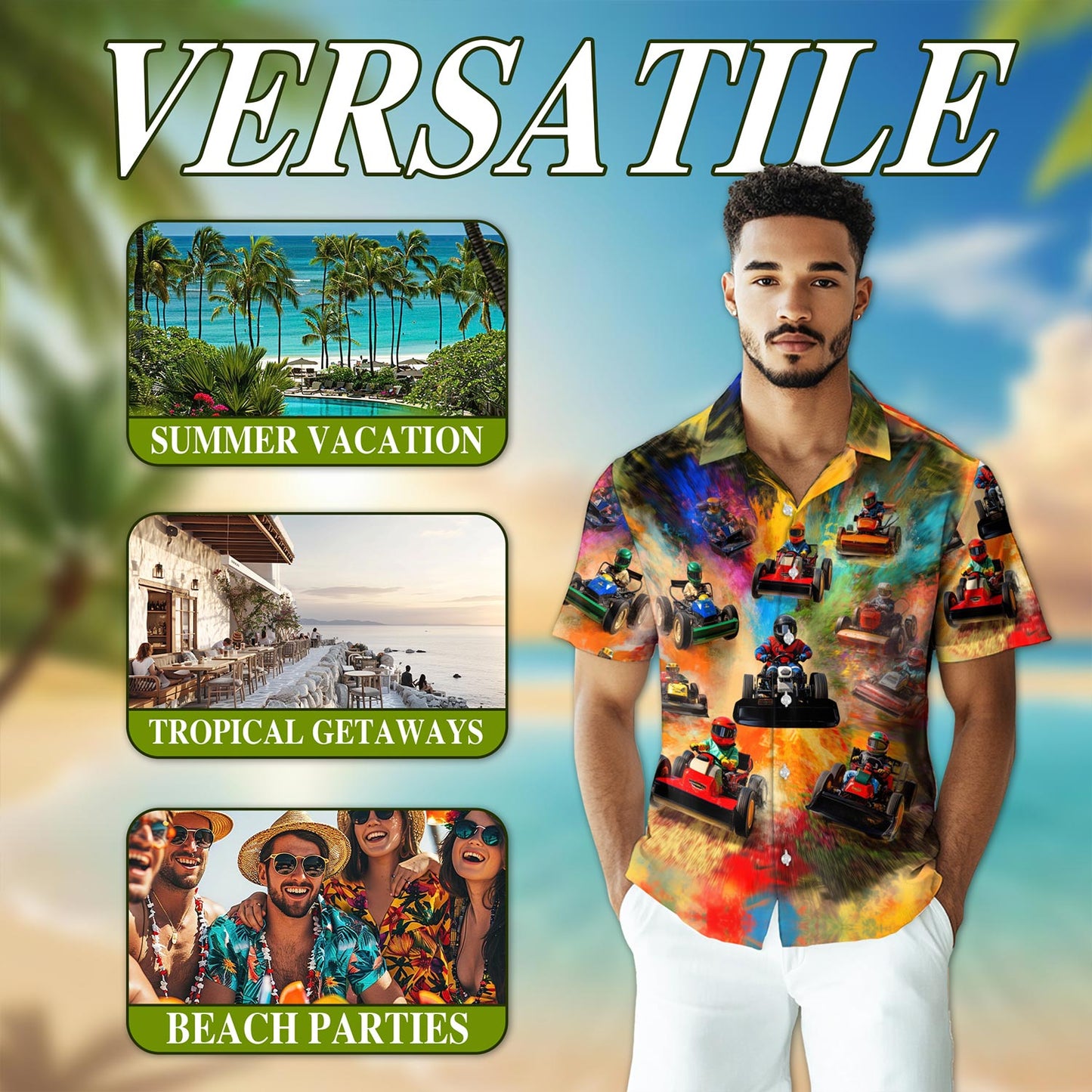 Netecom Lawn Mower Racing Hawaiian Shirt for Men, Tropical Style, Button Down Summer Beach Short Sleeve, S-5XL