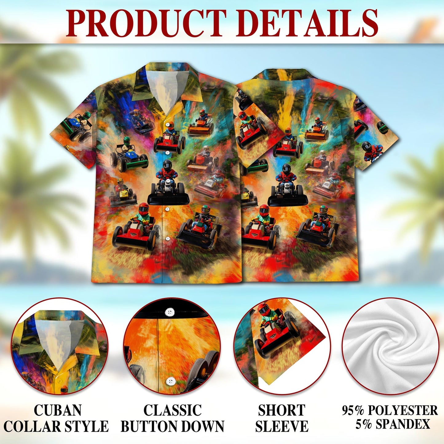 Netecom Lawn Mower Racing Hawaiian Shirt for Men, Tropical Style, Button Down Summer Beach Short Sleeve, S-5XL
