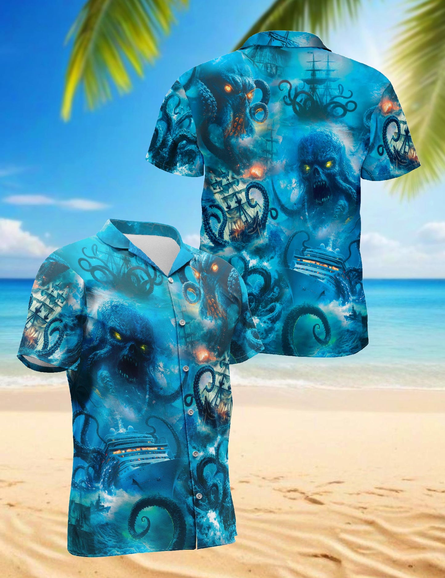 Netecom Legendary Octopus Attack Hawaiian Shirt for Men, Nautical Myth Style, Button Down Summer Beach Short Sleeve, S-5XL