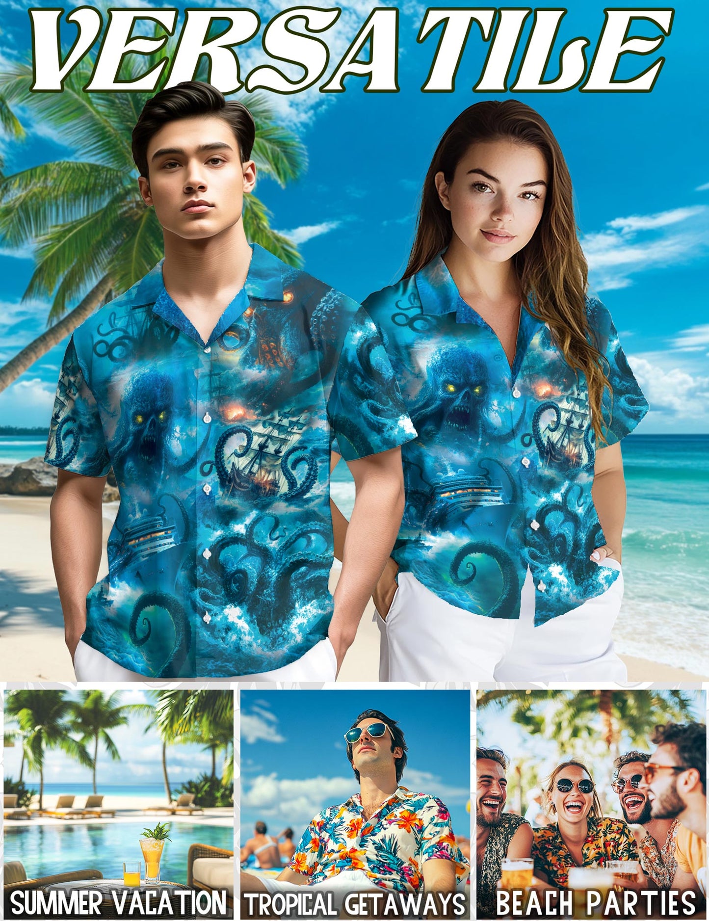 Netecom Legendary Octopus Attack Hawaiian Shirt for Men, Nautical Myth Style, Button Down Summer Beach Short Sleeve, S-5XL