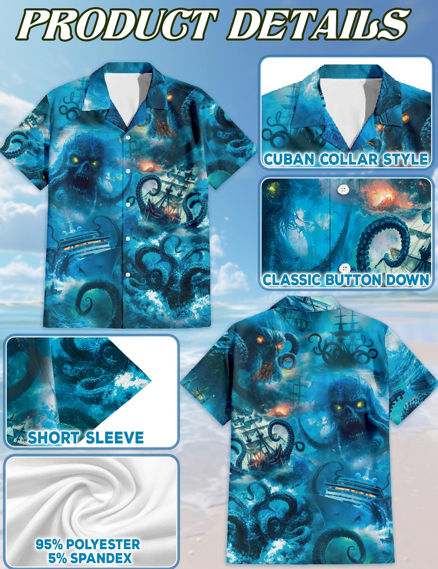 Netecom Legendary Octopus Attack Hawaiian Shirt for Men, Nautical Myth Style, Button Down Summer Beach Short Sleeve, S-5XL