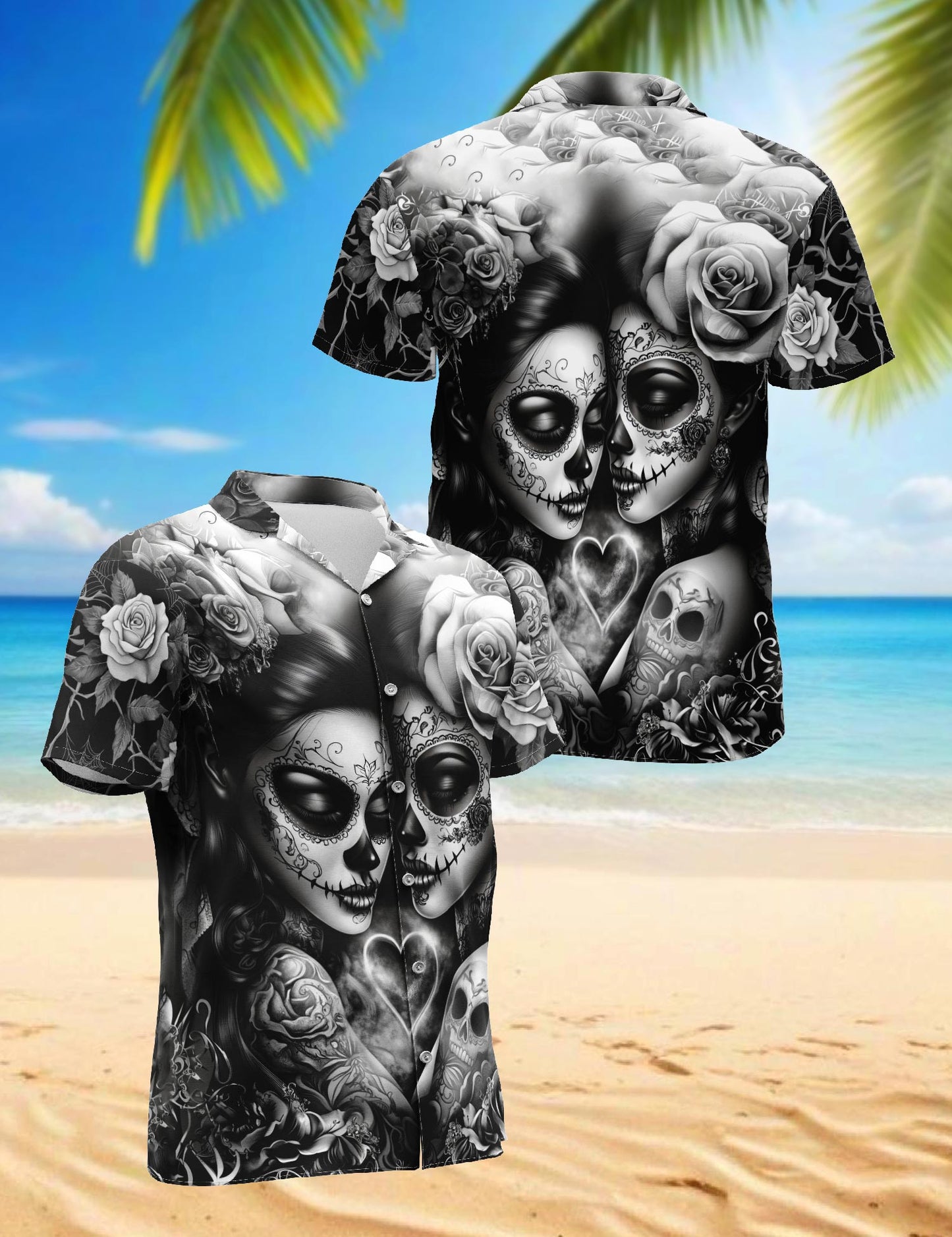 Netecom Lesbian Skull Couple Hawaiian Shirt for Men, Button Down Summer Beach Short Sleeve, S-5XL