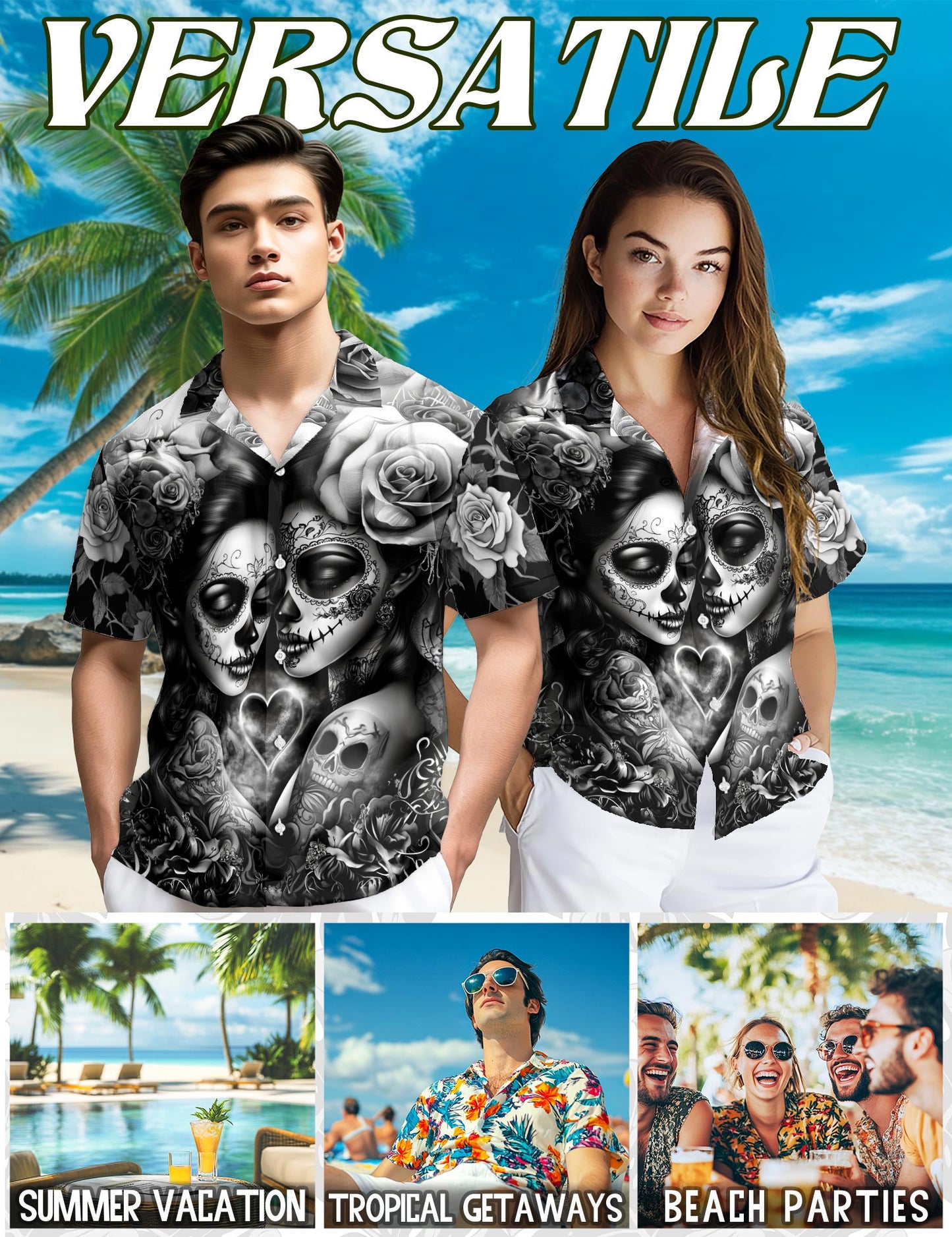 Netecom Lesbian Skull Couple Hawaiian Shirt for Men, Button Down Summer Beach Short Sleeve, S-5XL