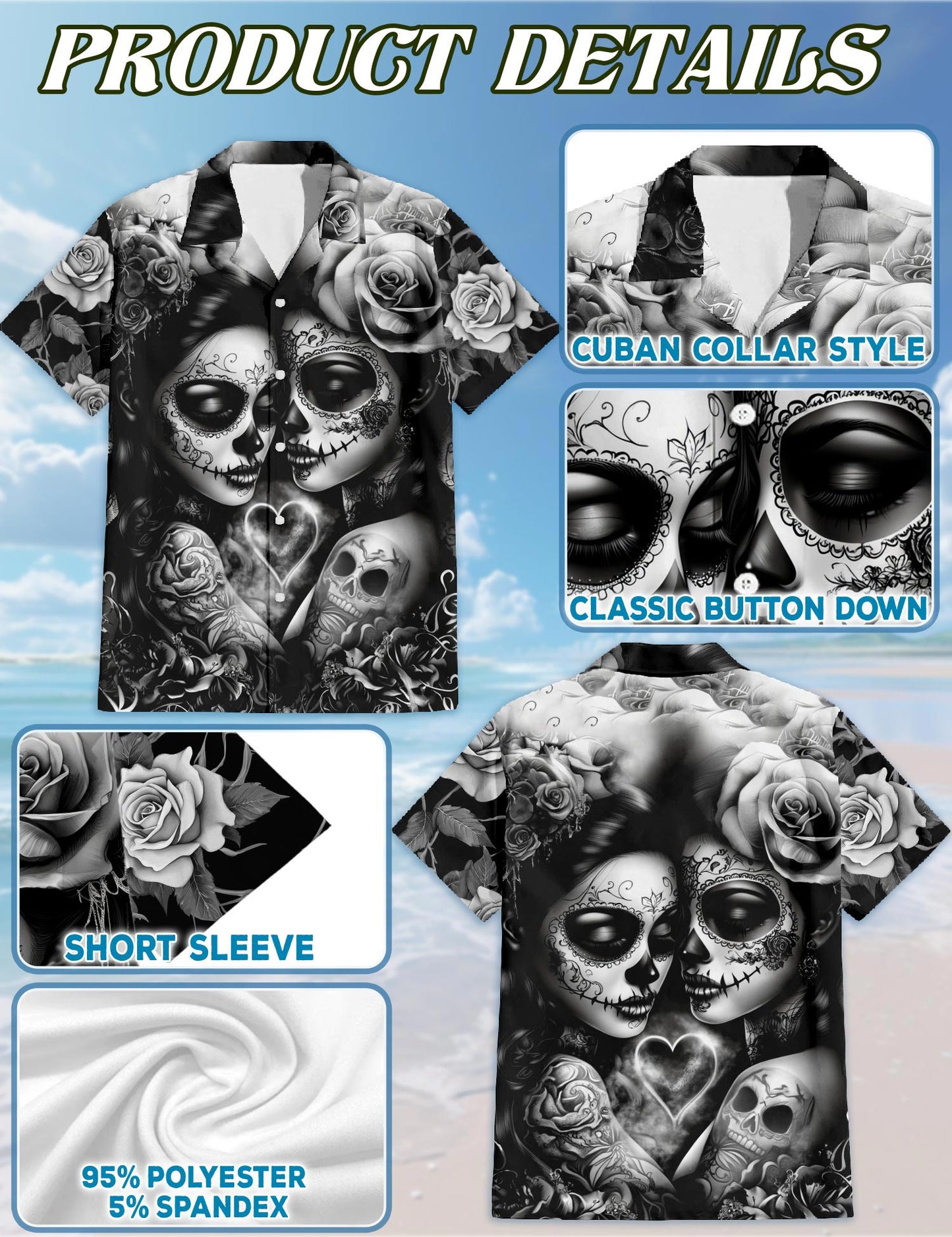 Netecom Lesbian Skull Couple Hawaiian Shirt for Men, Button Down Summer Beach Short Sleeve, S-5XL