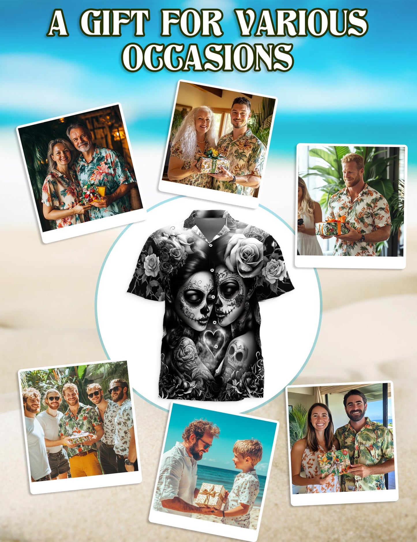 Netecom Lesbian Skull Couple Hawaiian Shirt for Men, Button Down Summer Beach Short Sleeve, S-5XL