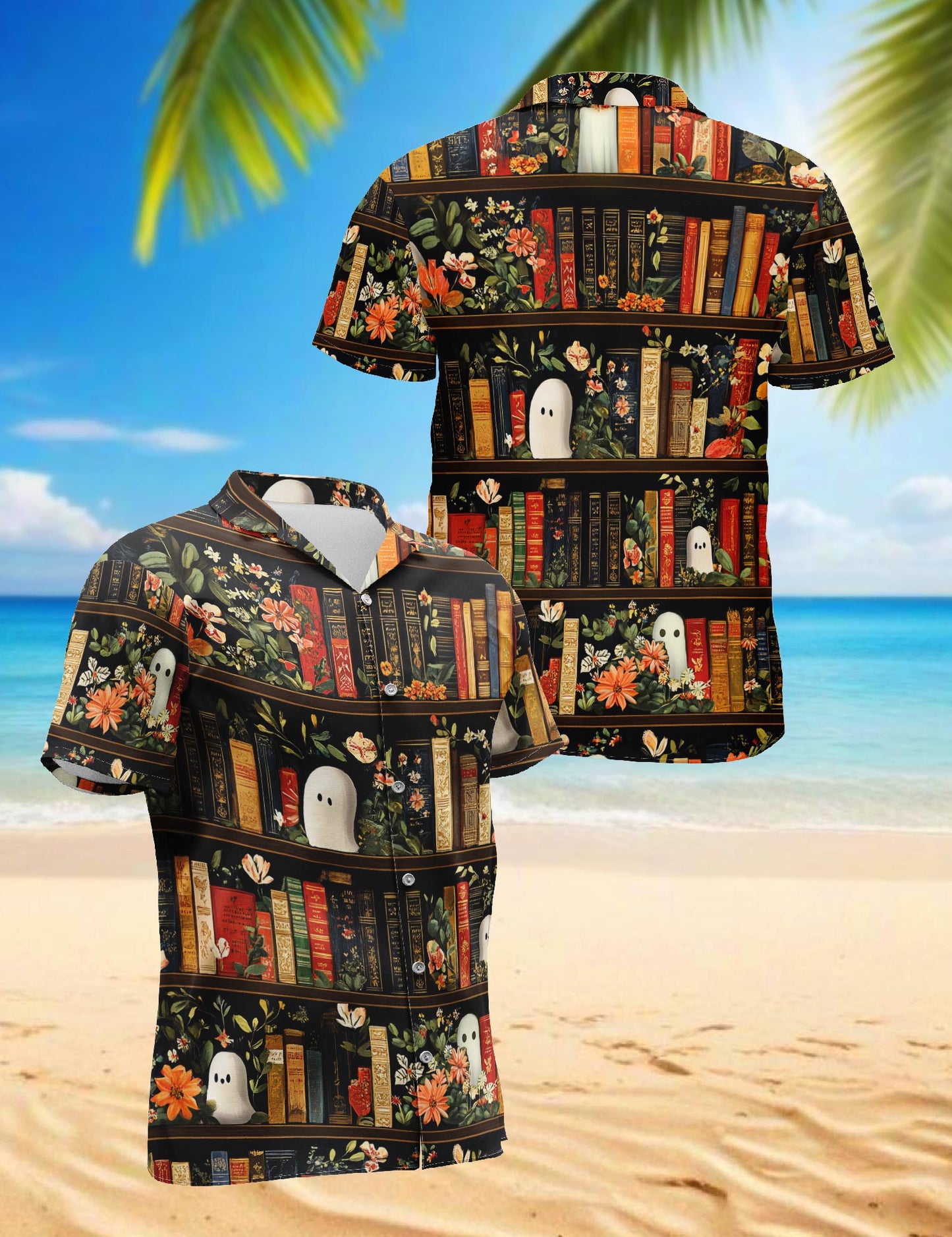 Netecom Library Ghost Hawaiian Shirt for Men, Retro Style, Button Down Summer Beach Short Sleeve, Sizes S-5XL