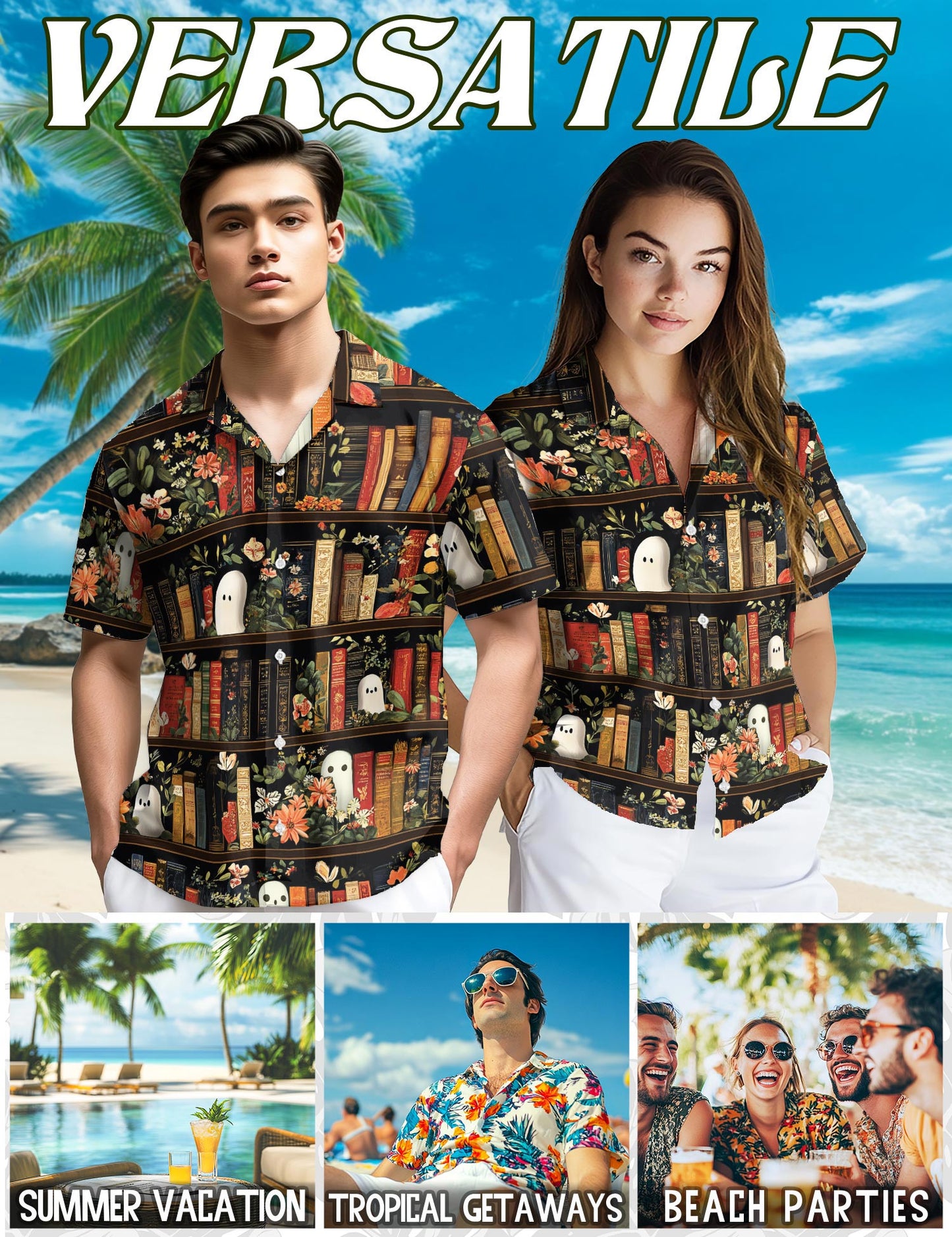Netecom Library Ghost Hawaiian Shirt for Men, Retro Style, Button Down Summer Beach Short Sleeve, Sizes S-5XL