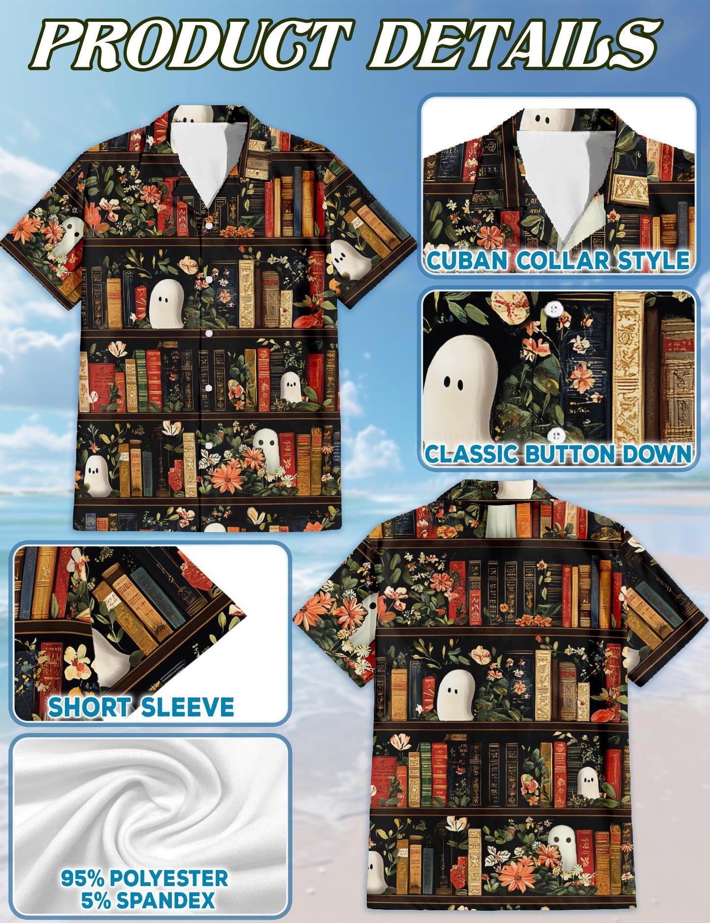 Netecom Library Ghost Hawaiian Shirt for Men, Retro Style, Button Down Summer Beach Short Sleeve, Sizes S-5XL