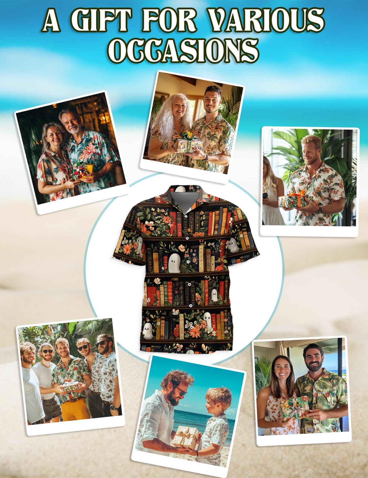Netecom Library Ghost Hawaiian Shirt for Men, Retro Style, Button Down Summer Beach Short Sleeve, Sizes S-5XL