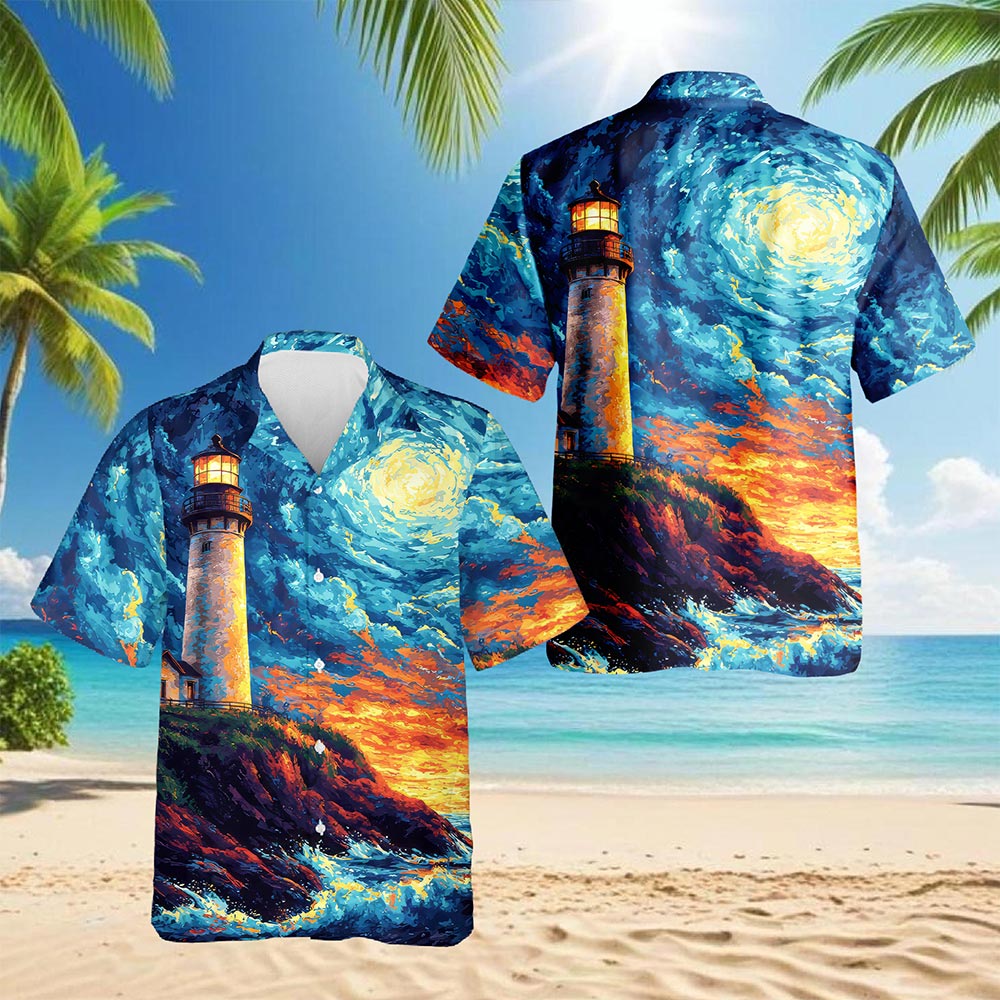 Netecom Lighthouse Hawaiian Shirt for Men, Artistic Style, Button Down Summer Beach Short Sleeve, S-5XL