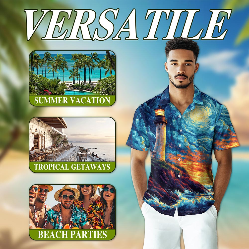 Netecom Lighthouse Hawaiian Shirt for Men, Artistic Style, Button Down Summer Beach Short Sleeve, S-5XL