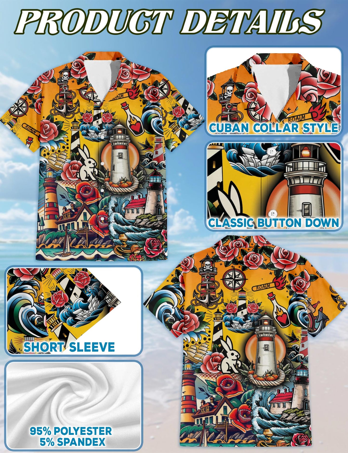 Netecom Lighthouse Hawaiian Shirt for Men, Button Down Summer Beach Short Sleeve, Sizes S-5XL