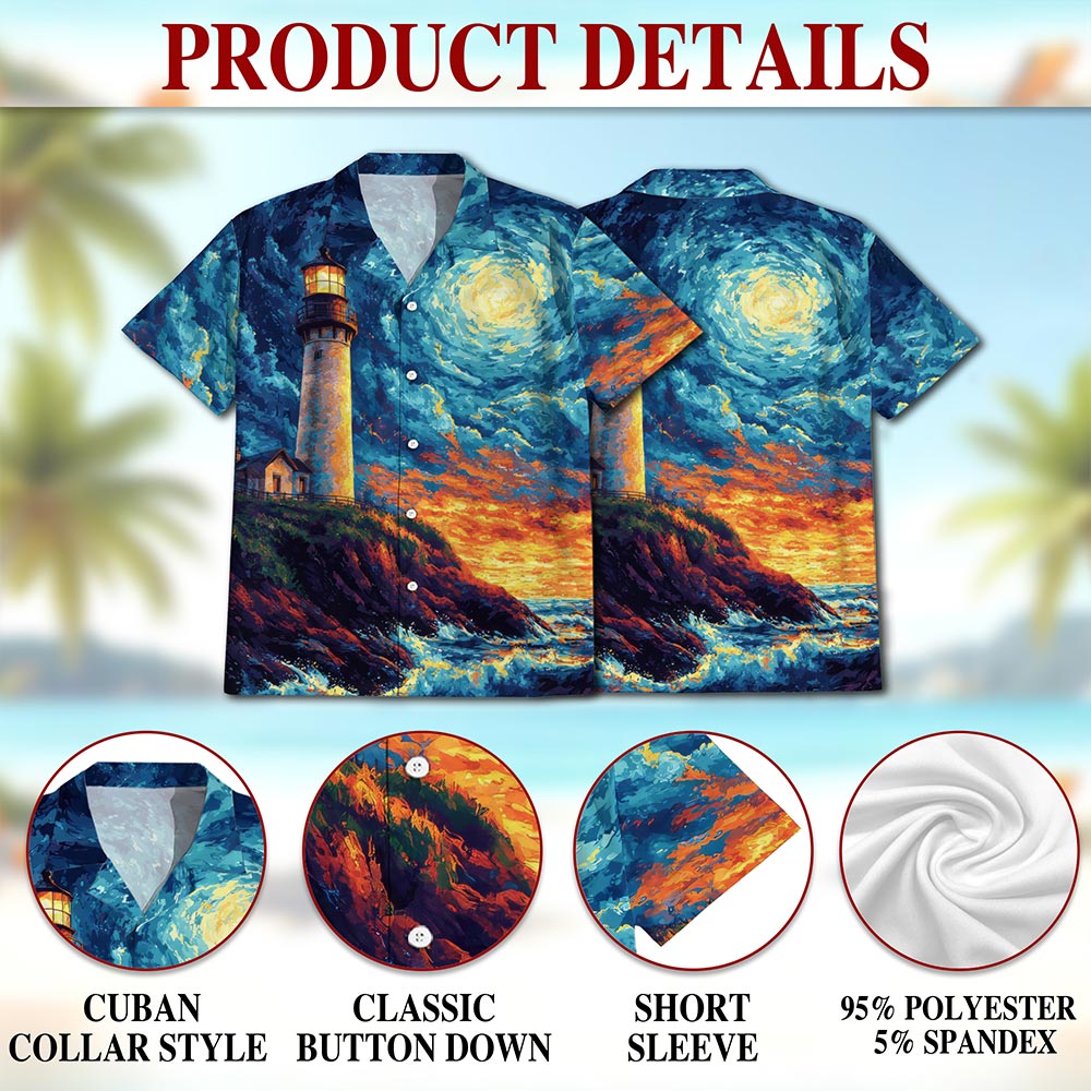 Netecom Lighthouse Hawaiian Shirt for Men, Artistic Style, Button Down Summer Beach Short Sleeve, S-5XL
