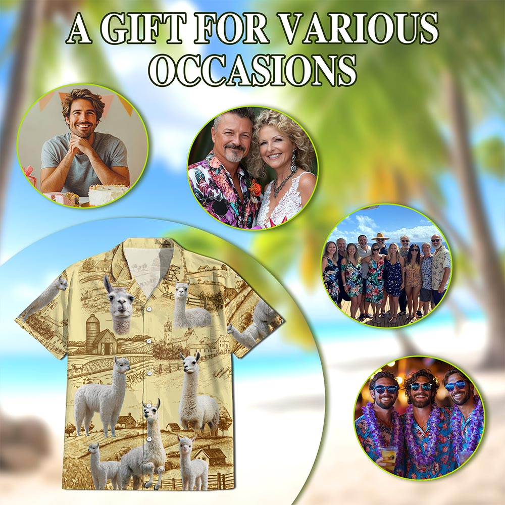 Netecom Llama Lovers Farm Hawaiian Shirt for Men, Button Down Summer Beach Short Sleeve, S-5XL