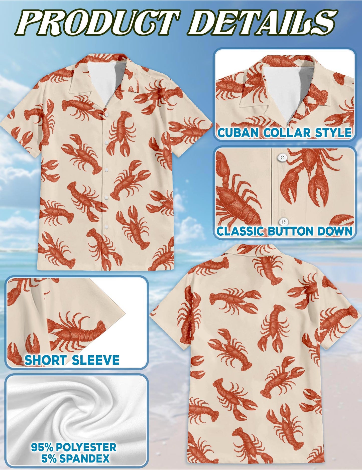 Netecom Lobster Pattern Hawaiian Shirt for Men, Retro Style, Button Down Summer Beach Short Sleeve, S-5XL